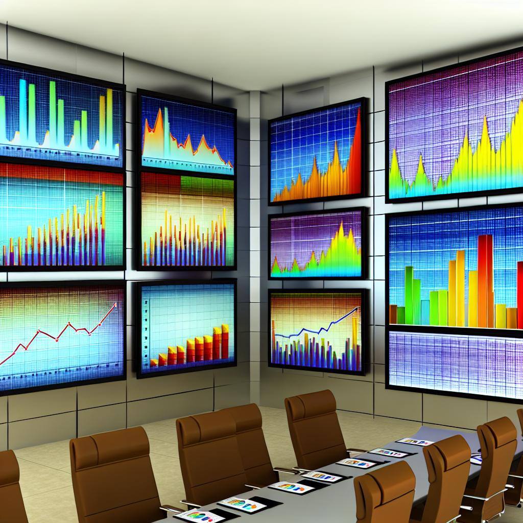 realistic photo of colorful charts and graphs on huge tv screens lining the walls of an executive boardroom-1
